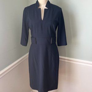 TAHARI Inverted Notch Collar Stretch Crepe Sheath Dress